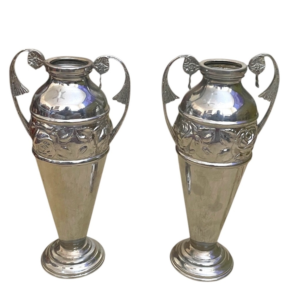 Pair Of  Silver Plated Urn Vase Embossed Relief Ornate Pattern Band And‎ Handles